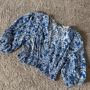 Blue and White Floral Smocked Cropped Waist Women's Top